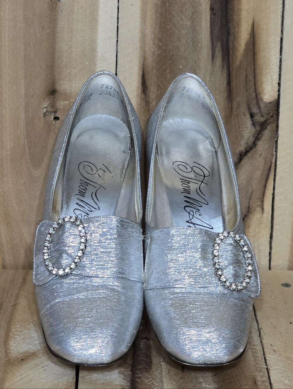 Vintage 1960s Thom McAn Silver Metallic Rhinestone Buckle Pumps Heels 7.5 B Glam